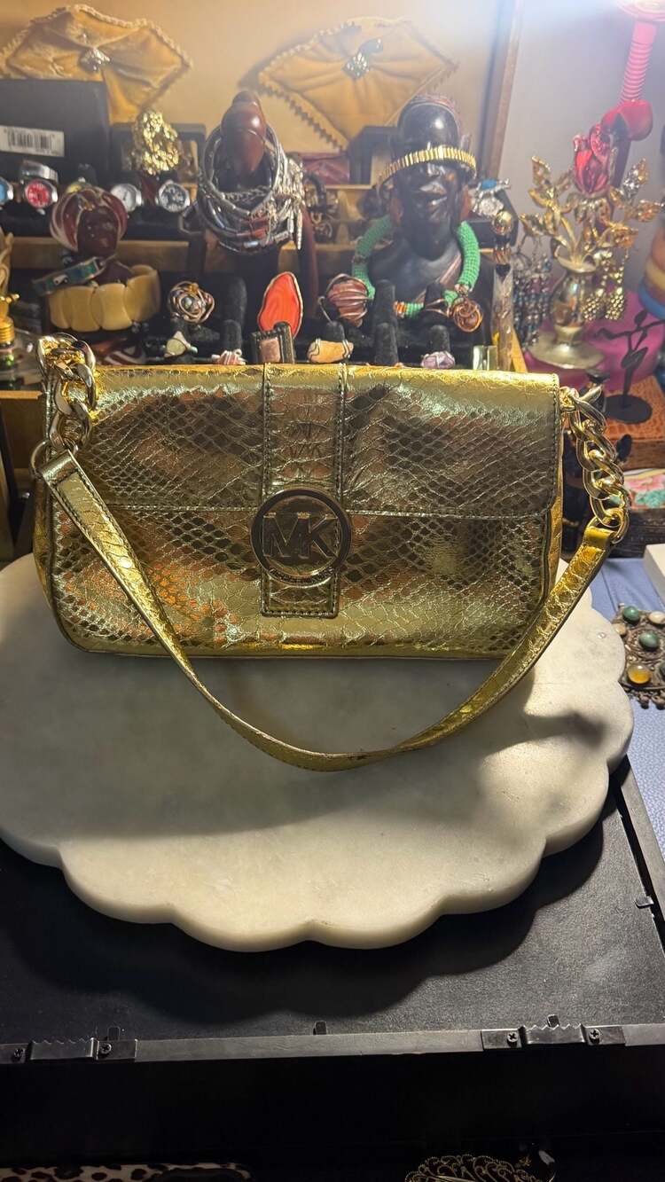 Michael Kors Metallic Gold Python Embossed Leather Shoulder Bag Clutch